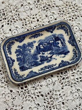 Vintage Blue & White Transferware Rectangular Dish Castle River Scene